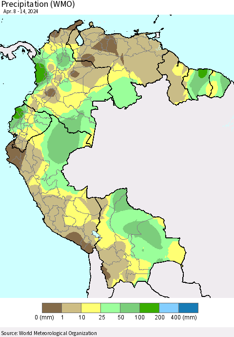 Northern South America Precipitation (WMO) Thematic Map For 4/8/2024 - 4/14/2024