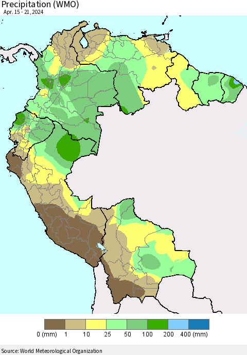 Northern South America Precipitation (WMO) Thematic Map For 4/15/2024 - 4/21/2024