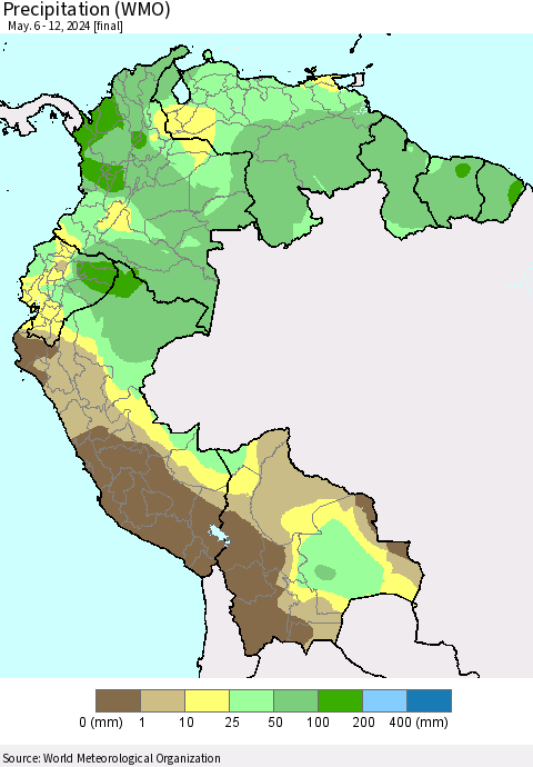 Northern South America Precipitation (WMO) Thematic Map For 5/6/2024 - 5/12/2024
