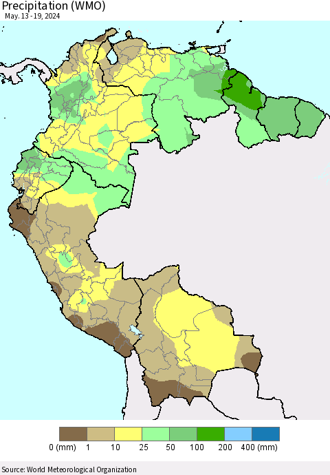 Northern South America Precipitation (WMO) Thematic Map For 5/13/2024 - 5/19/2024