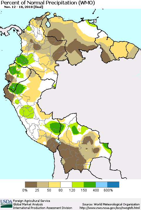 Northern South America Percent of Normal Precipitation (WMO) Thematic Map For 11/12/2018 - 11/18/2018