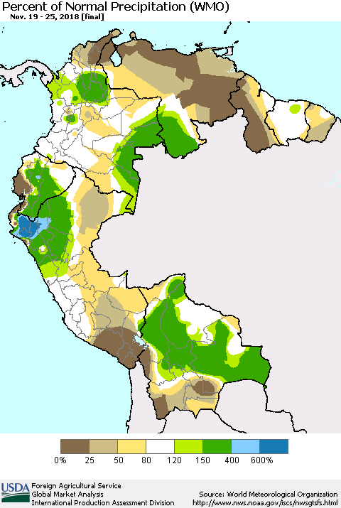 Northern South America Percent of Normal Precipitation (WMO) Thematic Map For 11/19/2018 - 11/25/2018