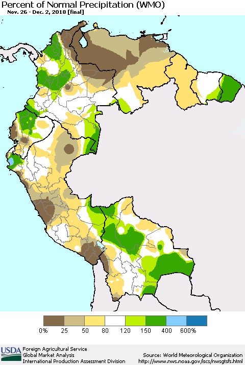 Northern South America Percent of Normal Precipitation (WMO) Thematic Map For 11/26/2018 - 12/2/2018