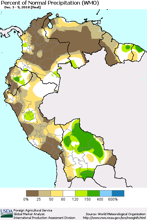 Northern South America Percent of Normal Precipitation (WMO) Thematic Map For 12/3/2018 - 12/9/2018