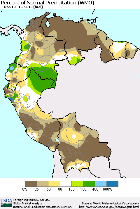 Northern South America Percent of Normal Precipitation (WMO) Thematic Map For 12/10/2018 - 12/16/2018