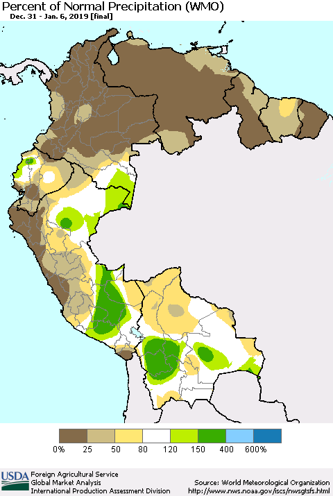 Northern South America Percent of Normal Precipitation (WMO) Thematic Map For 12/31/2018 - 1/6/2019