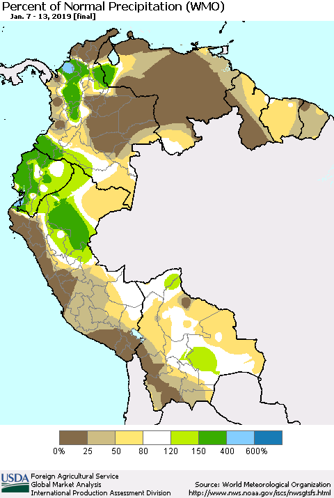 Northern South America Percent of Normal Precipitation (WMO) Thematic Map For 1/7/2019 - 1/13/2019