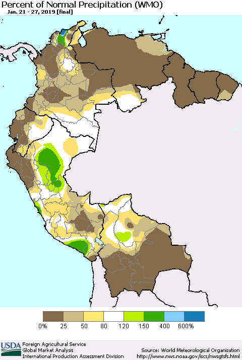 Northern South America Percent of Normal Precipitation (WMO) Thematic Map For 1/21/2019 - 1/27/2019