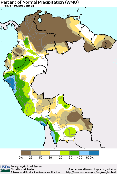 Northern South America Percent of Normal Precipitation (WMO) Thematic Map For 2/4/2019 - 2/10/2019