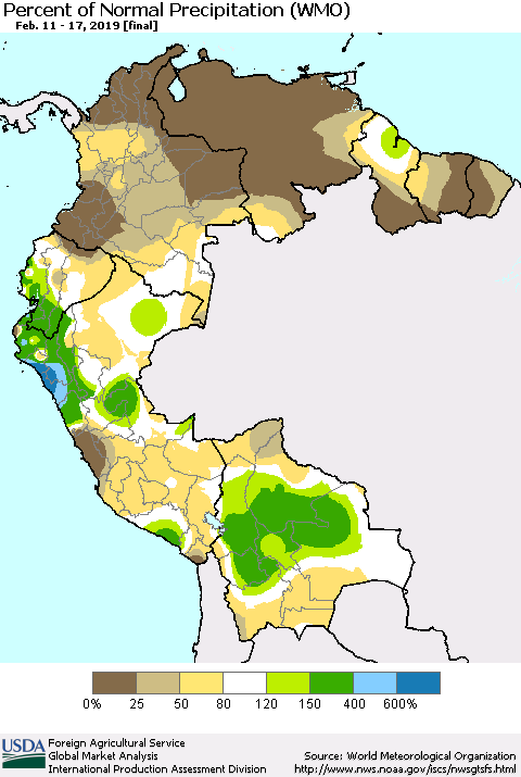 Northern South America Percent of Normal Precipitation (WMO) Thematic Map For 2/11/2019 - 2/17/2019