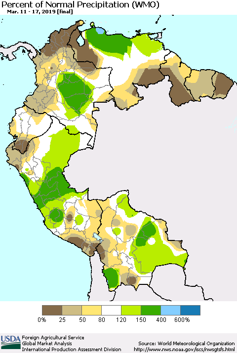 Northern South America Percent of Normal Precipitation (WMO) Thematic Map For 3/11/2019 - 3/17/2019