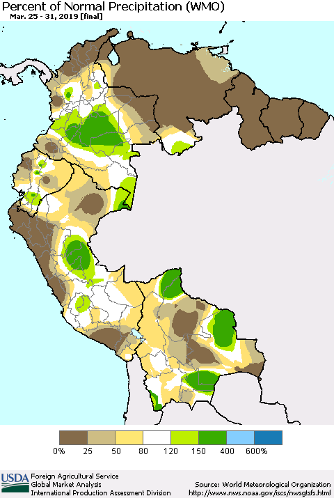 Northern South America Percent of Normal Precipitation (WMO) Thematic Map For 3/25/2019 - 3/31/2019