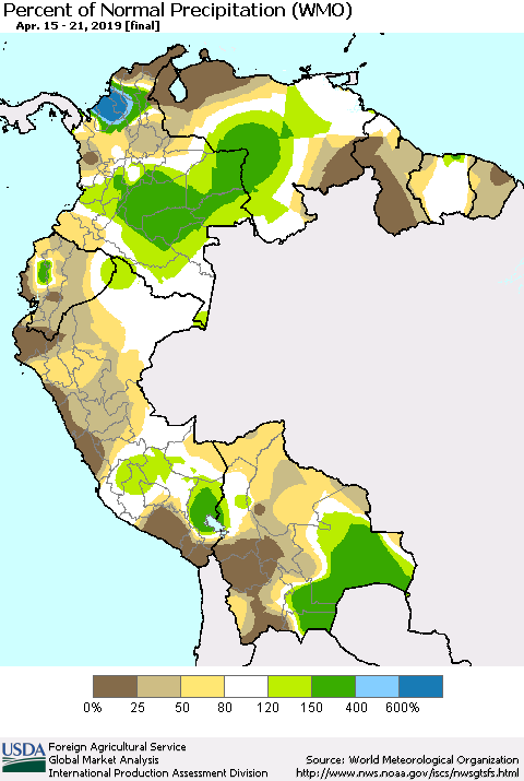 Northern South America Percent of Normal Precipitation (WMO) Thematic Map For 4/15/2019 - 4/21/2019