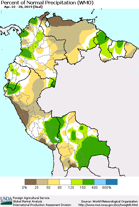 Northern South America Percent of Normal Precipitation (WMO) Thematic Map For 4/22/2019 - 4/28/2019