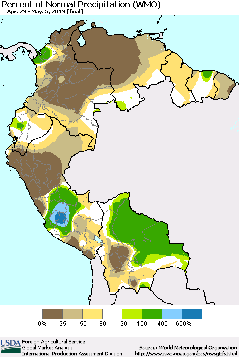 Northern South America Percent of Normal Precipitation (WMO) Thematic Map For 4/29/2019 - 5/5/2019