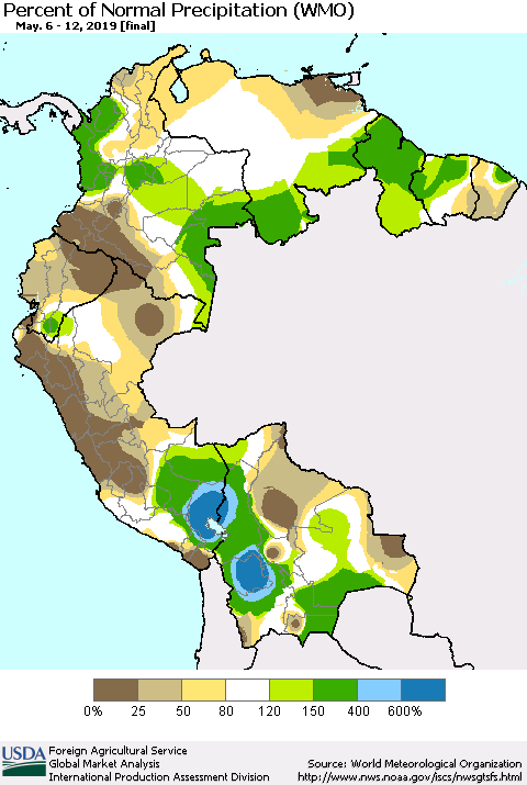 Northern South America Percent of Normal Precipitation (WMO) Thematic Map For 5/6/2019 - 5/12/2019