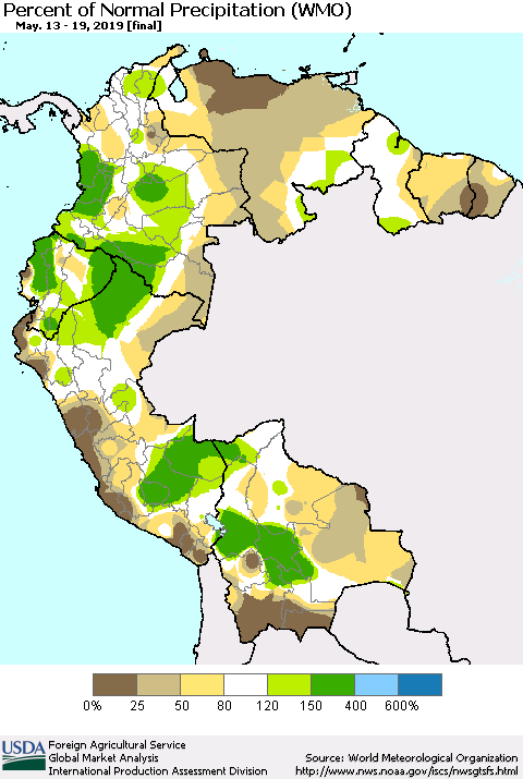 Northern South America Percent of Normal Precipitation (WMO) Thematic Map For 5/13/2019 - 5/19/2019
