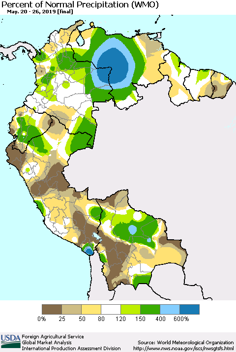 Northern South America Percent of Normal Precipitation (WMO) Thematic Map For 5/20/2019 - 5/26/2019