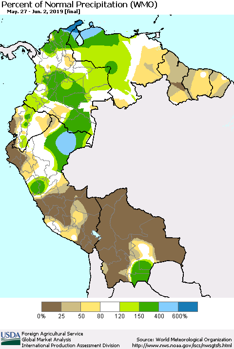 Northern South America Percent of Normal Precipitation (WMO) Thematic Map For 5/27/2019 - 6/2/2019