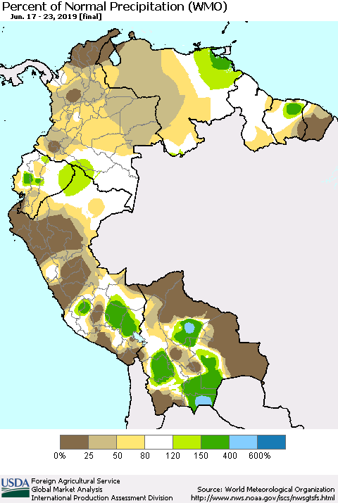 Northern South America Percent of Normal Precipitation (WMO) Thematic Map For 6/17/2019 - 6/23/2019