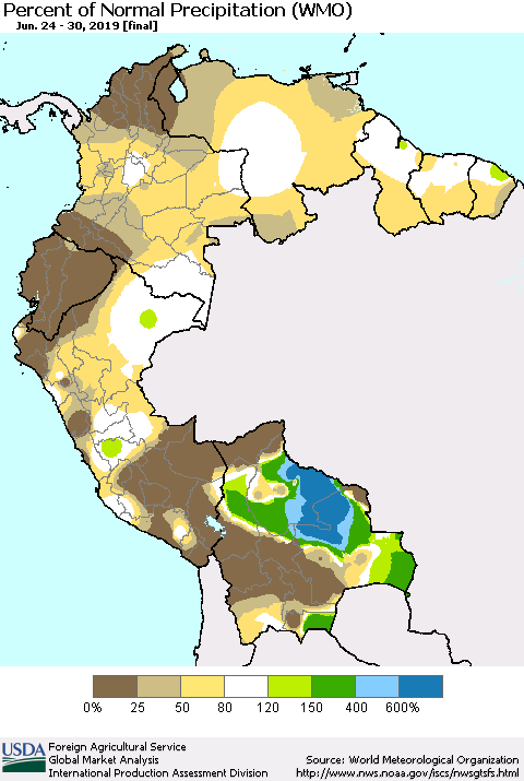 Northern South America Percent of Normal Precipitation (WMO) Thematic Map For 6/24/2019 - 6/30/2019