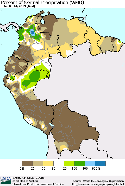 Northern South America Percent of Normal Precipitation (WMO) Thematic Map For 7/8/2019 - 7/14/2019