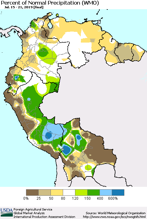 Northern South America Percent of Normal Precipitation (WMO) Thematic Map For 7/15/2019 - 7/21/2019