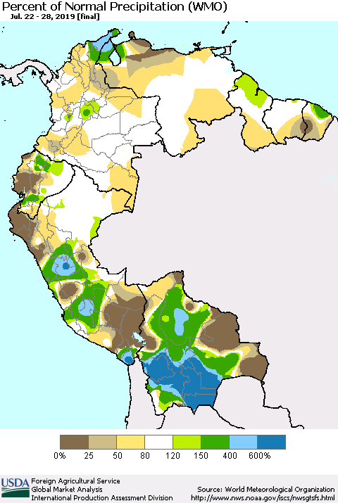 Northern South America Percent of Normal Precipitation (WMO) Thematic Map For 7/22/2019 - 7/28/2019