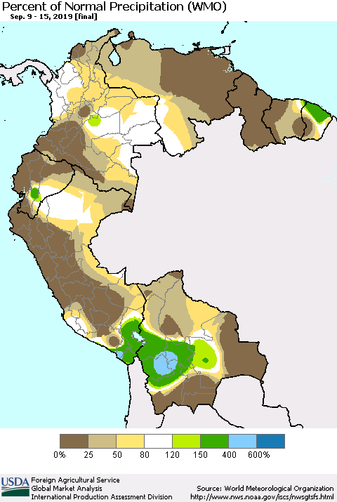 Northern South America Percent of Normal Precipitation (WMO) Thematic Map For 9/9/2019 - 9/15/2019