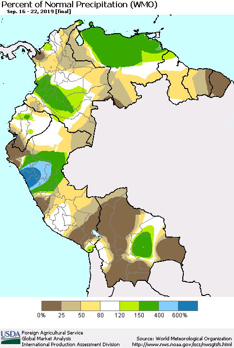 Northern South America Percent of Normal Precipitation (WMO) Thematic Map For 9/16/2019 - 9/22/2019