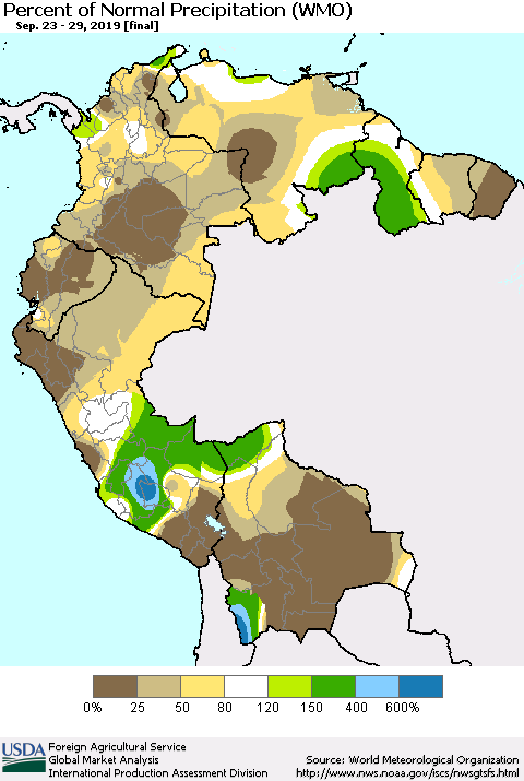 Northern South America Percent of Normal Precipitation (WMO) Thematic Map For 9/23/2019 - 9/29/2019