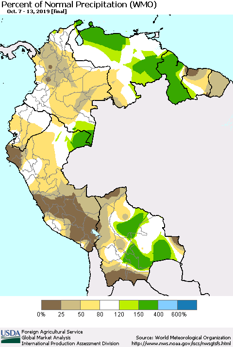 Northern South America Percent of Normal Precipitation (WMO) Thematic Map For 10/7/2019 - 10/13/2019