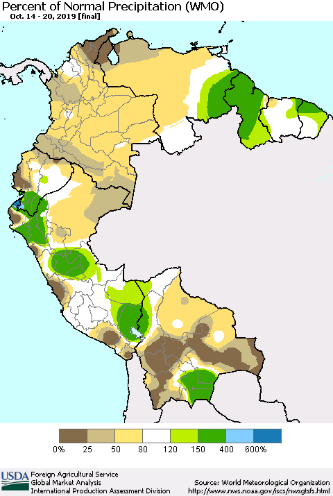 Northern South America Percent of Normal Precipitation (WMO) Thematic Map For 10/14/2019 - 10/20/2019