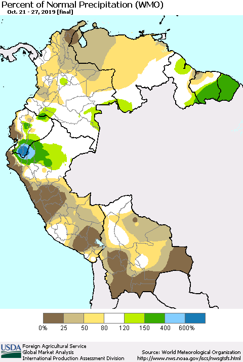 Northern South America Percent of Normal Precipitation (WMO) Thematic Map For 10/21/2019 - 10/27/2019