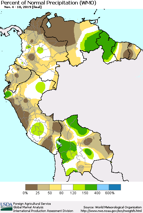Northern South America Percent of Normal Precipitation (WMO) Thematic Map For 11/4/2019 - 11/10/2019