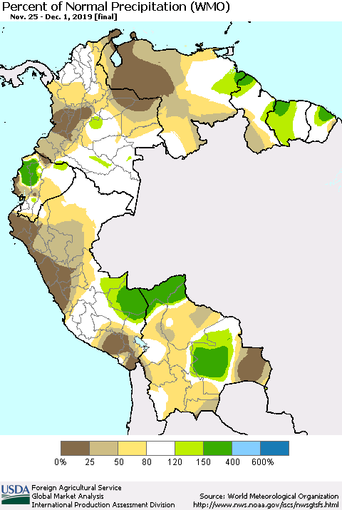 Northern South America Percent of Normal Precipitation (WMO) Thematic Map For 11/25/2019 - 12/1/2019