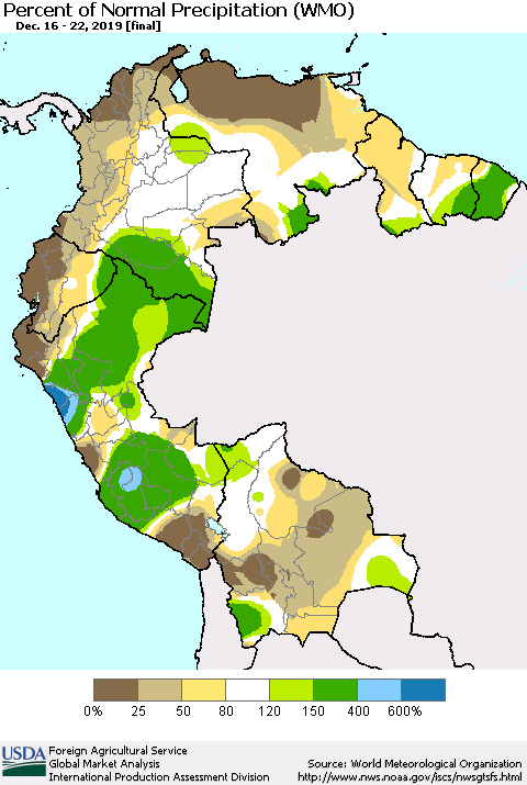 Northern South America Percent of Normal Precipitation (WMO) Thematic Map For 12/16/2019 - 12/22/2019