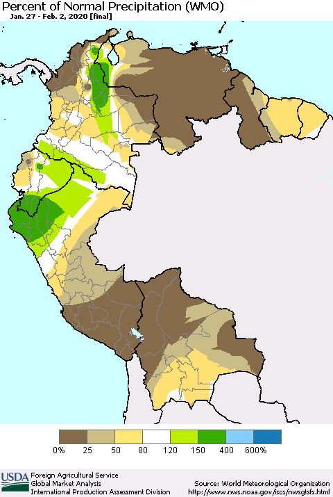 Northern South America Percent of Normal Precipitation (WMO) Thematic Map For 1/27/2020 - 2/2/2020