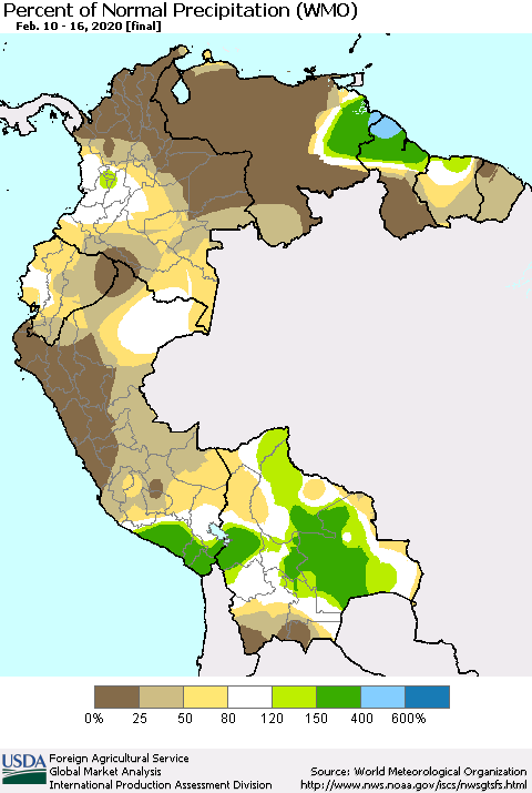 Northern South America Percent of Normal Precipitation (WMO) Thematic Map For 2/10/2020 - 2/16/2020