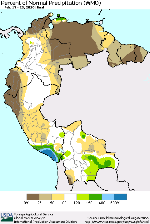Northern South America Percent of Normal Precipitation (WMO) Thematic Map For 2/17/2020 - 2/23/2020