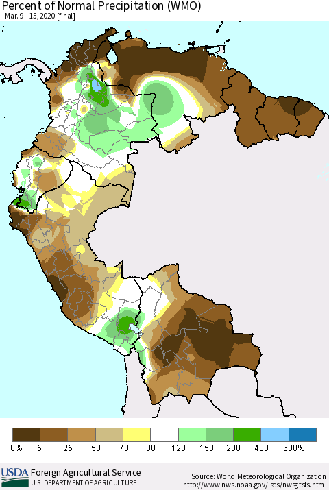 Northern South America Percent of Normal Precipitation (WMO) Thematic Map For 3/9/2020 - 3/15/2020