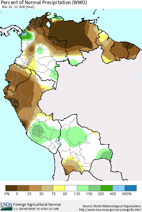 Northern South America Percent of Normal Precipitation (WMO) Thematic Map For 3/16/2020 - 3/22/2020
