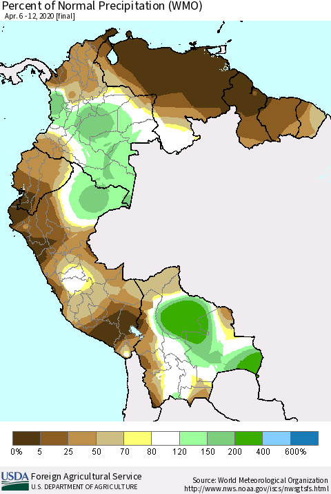 Northern South America Percent of Normal Precipitation (WMO) Thematic Map For 4/6/2020 - 4/12/2020