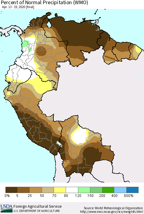Northern South America Percent of Normal Precipitation (WMO) Thematic Map For 4/13/2020 - 4/19/2020