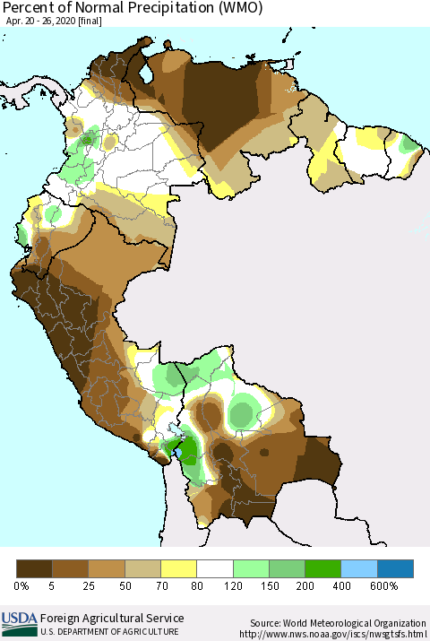 Northern South America Percent of Normal Precipitation (WMO) Thematic Map For 4/20/2020 - 4/26/2020
