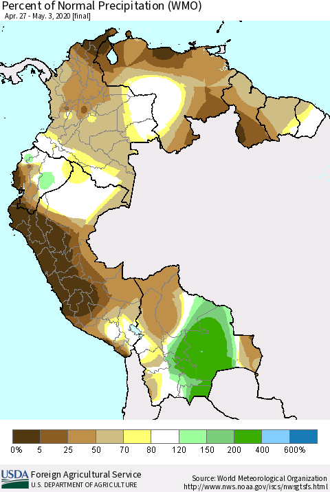 Northern South America Percent of Normal Precipitation (WMO) Thematic Map For 4/27/2020 - 5/3/2020