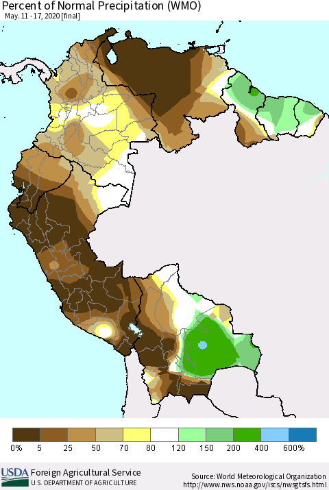 Northern South America Percent of Normal Precipitation (WMO) Thematic Map For 5/11/2020 - 5/17/2020