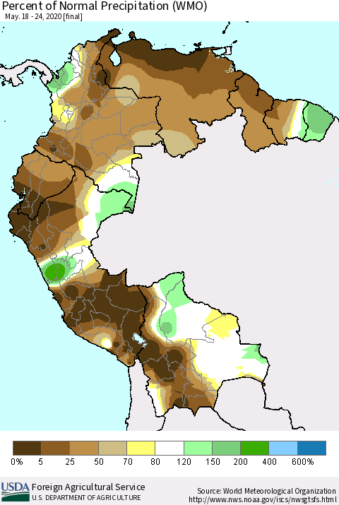 Northern South America Percent of Normal Precipitation (WMO) Thematic Map For 5/18/2020 - 5/24/2020