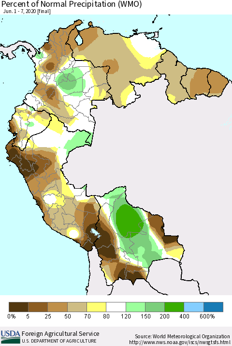 Northern South America Percent of Normal Precipitation (WMO) Thematic Map For 6/1/2020 - 6/7/2020