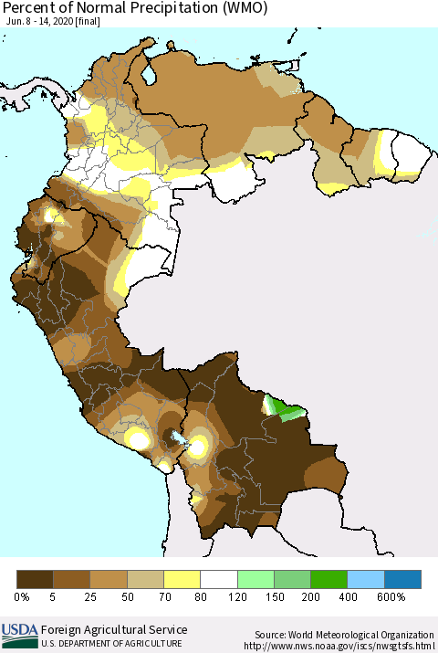 Northern South America Percent of Normal Precipitation (WMO) Thematic Map For 6/8/2020 - 6/14/2020